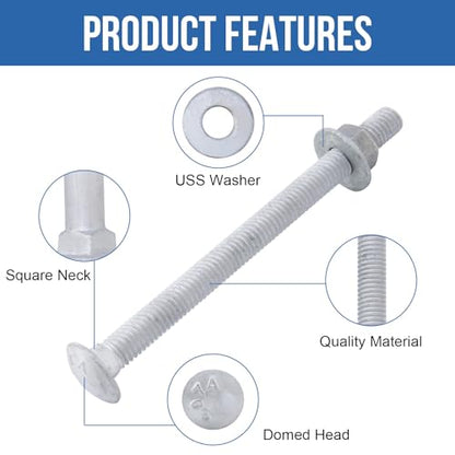 1/2" x 5" Carriage Bolts (25 PCS), Hot Dip Galvanized, Heavy Duty Round Head with Washers and Nuts - size: 1/2" x 5"