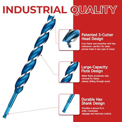 5/8" x 9" Wood Auger Drill Bits, 3-Flute Hex Shank - size: 5/8" x 9"