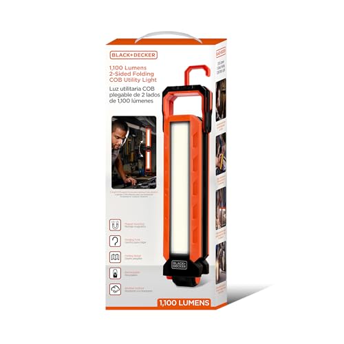 BLACK+DECKER Rechargeable Hanging LED Light, 1100 Lumens Foldable Double-Sided LED Work Light, 5 Modes, Tripod, Hook & Magnetic Mount, Indoor/Outdoor IP54 Weather-Resistant COB Lighting, Adjustable
