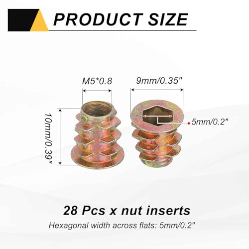 MECCANIXITY 28 Pcs Threaded Inserts for Wood, Zinc Alloy M5 Thread Inserts Nuts Hex Socket Drive Screw 10mm Length for Furniture, Cabinet, Tables and Chairs - size: M5x10mm