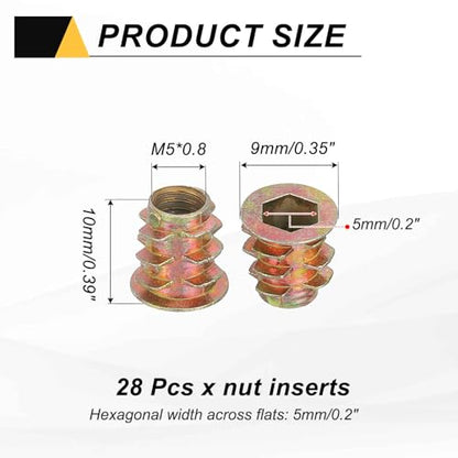 MECCANIXITY 28 Pcs Threaded Inserts for Wood, Zinc Alloy M5 Thread Inserts Nuts Hex Socket Drive Screw 10mm Length for Furniture, Cabinet, Tables and Chairs - size: M5x10mm