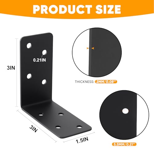 16 Pcs 3"x3"x1.5" Steel L Shape Brackets, Black Powder Coated - size: 3X3X1.5