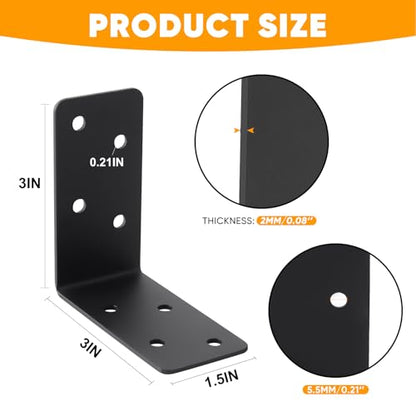 16 Pcs 3"x3"x1.5" Steel L Shape Brackets, Black Powder Coated - size: 3X3X1.5