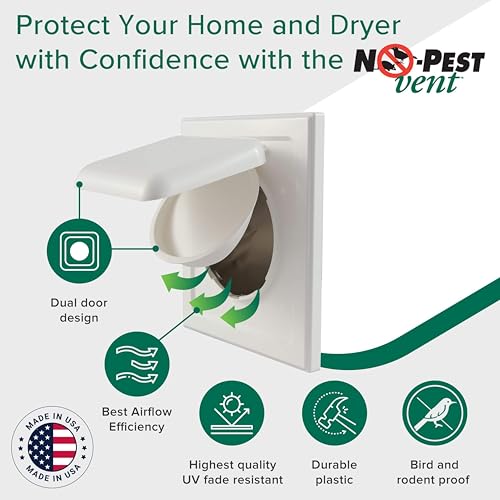 no-pest vent , Dual Door Dryer Vent Cover Outdoor 4 inch, Made in USA w Highest Quality UV Resistant Plastic in any Outdoor Vent Cover, No Lint Collecting Screen, White - color: White, size: 4” Plastic Vent No Collar