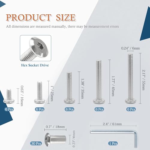 M6 Hex Drive Socket Cap Bolt Kit, Silver, 30 Sets - color: Silver, size: M6x16/25/35/45/55mm