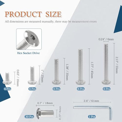 M6 Hex Drive Socket Cap Bolt Kit, Silver, 30 Sets - color: Silver, size: M6x16/25/35/45/55mm