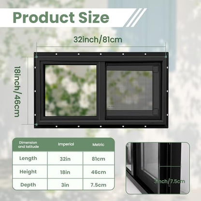 Vinyl Basement Window, Bathroom Sliding Window 32" x 18" Black - size: 32x18 IN