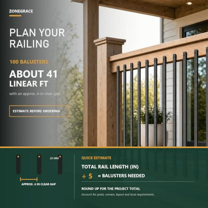 ZONEGRACE 100 Pack 26 Inch Deck Balusters, Smooth Oval Black Metal Spindles and Pickets for Face Mount Wood Porch Patio Railing, with Bubble Level Spacing Gauge, Pre-Installed End Plugs and Screws - size: 26 Inch