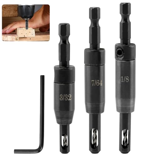 Self Centering Drill Bit Set for 1/4inch Clic-Change, 3pcs CC2430 3/32“, 7/64”, 1/8“ Carbon Steel Quick-Change Sturdy Self Centering Hinge Hex Drill Bit Set, #6 8 10