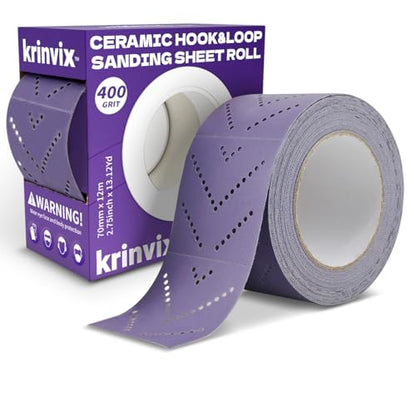 400 Grit Purple Hook & Loop Sandpaper Roll, 70mm x 12m, Ceramic Abrasive with Multi-Hole Dustless Design for Automotive, Wood & Metal, Ideal for Body Repair, Paint Prep & Coating Removal - style: 400 Grit