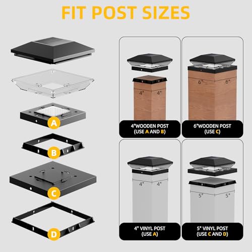 T-SUN Solar Post Cap Lights 6 Pack, 2 Modes Fence Post Solar Lights Black - color: Black-Warm & Cool White, size: 6 Pack