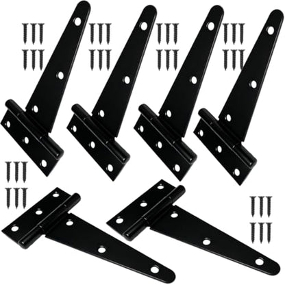 6 Inch Heavy Duty Door Hinges, 6 Pack Black T Strap Hinges, 2.4mm Thick Steel, 7.6 oz Each, Black Powder Coat, Screws Included, for Wood & Metal Doors, Shed Door Hinges & Gate Hinges, Outdoor Use - size: 6IN-6PCS