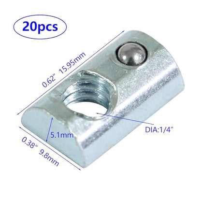 1/4"-20 Threaded Steel Roll in T-Nut with Ball Spring, T-Slot Nuts Accessory Hardwares for 10 Series Aluminum Extrusion Profiles Rail (20)