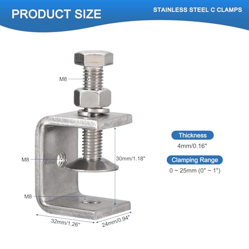 2 Pack 304 Stainless Steel C Clamps with 30mm/1.18" Stable Wide Jaw Opening Tiger Clamp for Woodworking Welding Construction Household Mount - size: 30mm/1.18"