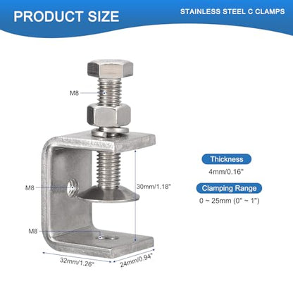 2 Pack 304 Stainless Steel C Clamps with 30mm/1.18" Stable Wide Jaw Opening Tiger Clamp for Woodworking Welding Construction Household Mount - size: 30mm/1.18"