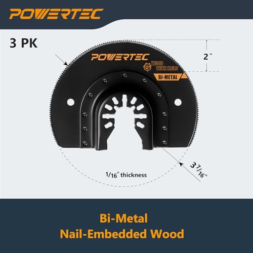 POWERTEC Oscillating Tool Blade 3pc Set – Bi-Metal Multitool Blades for Flush Cutting, Wood with Nails, and Remodeling Applications (14503) - size: Semi-Circular (Bi-Metal), 3PCs, style: Oscillating Tool Blades