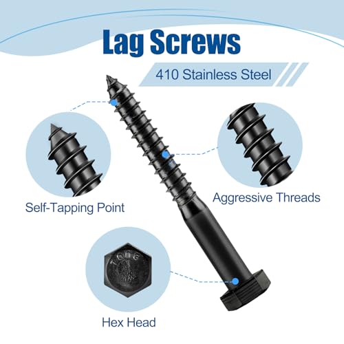 1/4″×1″ Hex Head Lag Screws (20 Sets), 304 Stainless Steel 18-8, Black, Heavy Duty Lag Bolts Wood Screws, with Flat Washer, Containing 1 Hexagonal Socket Wrench