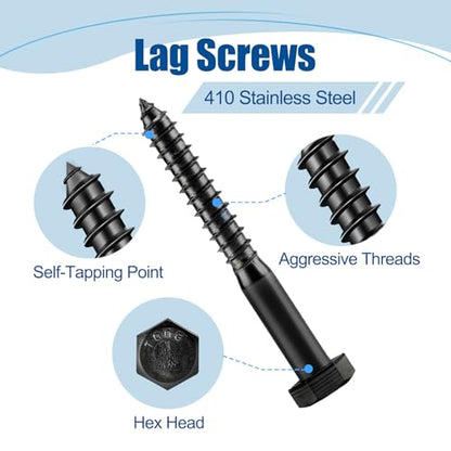 1/4″×1″ Hex Head Lag Screws (20 Sets), 304 Stainless Steel 18-8, Black, Heavy Duty Lag Bolts Wood Screws, with Flat Washer, Containing 1 Hexagonal Socket Wrench