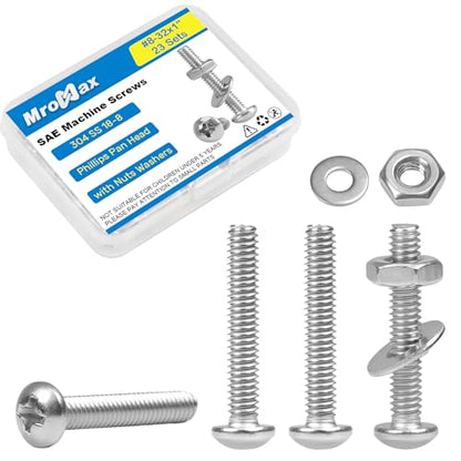 23 Sets #8-32 x 1 Pan Head Machine Screws Nuts Washers Assortment Kit - size: #8-32 x 1"