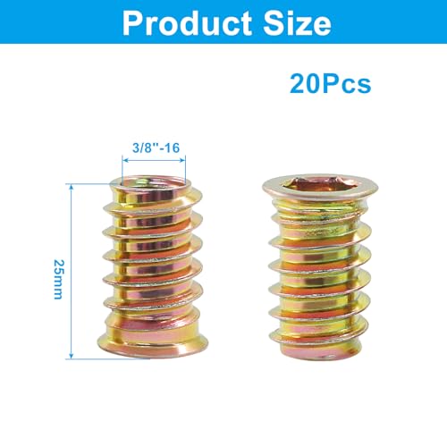 20 Pcs 3/8"-16x 25mm Threaded Inserts for Wood - size: 3/8"-16x 25mm