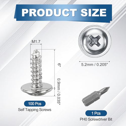 100pcs M1.7x6 Self Tapping Screws Carbon Steel Silver - size: M1.7x6
