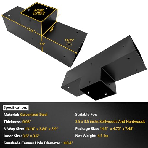 Pegola Bracket Kits,3-Way T-Shape Flat Woodwork Brackets for 4" x 4" (Actual:3.5"x3.5") Lumber,DIY Gazebo Brackets for Patio Pergolas, Gazebos, Log Cabin W/Hardware - 1 Pack… - size: 4"x4" - 1pcs, style: 3-Way Tee Brackets