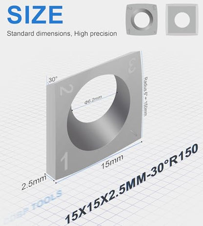 15mm Square with 6" Radius Carbide Cutter Inserts (15×15×2.5mm-R150) for Woodturning Roughing Tool Fit for Shelix Cutterhead, 10 PCS - size: 15x2.5mm-6" Radius