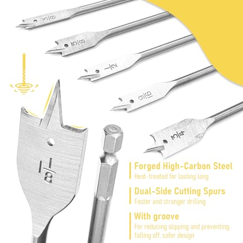 14-Piece Spade Drill Bit Set, Carbon Steel Paddle Flat Bit with 6-Inch Drill Bit Extension, 1/4" to 1-1/2" Assorted Spade Drill Bits for Hole Cutter Woodworking