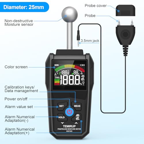 Pin & Pinless Moisture Meter with Color LCD & Acoustic Alarm, Detects up to 20-40 mm; Digital Moisture Detector for Wood, Drywall, Masonry & Other Building Materials