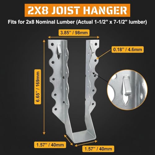 50 Pack 2x8 Joist Hangers, 18 Gauge Galvanized Face Mount - size: 2" x 8"