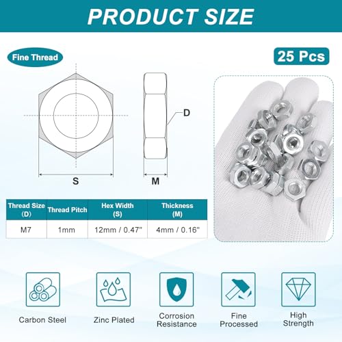 PATIKIL M7x1x4mm Steel Hex Nuts, 25Pcs Metric Fine Thread Carbon Steel Zinc Plated Finished Hardware Screw Nuts Fasteners for Machinery Manufacturing, Industrial Use, 12mm Width - size: M7x1x4x12mm