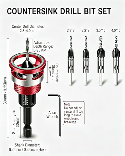 7PCS Countersink Drill Bit Set with Adjustable Depth Stop Collar