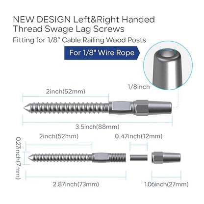 10 Pair Deck Cable Railing Kit for Wire System, 1/8" T316 Stainless Steel Cable Railing Hardware System, Invisible Crimp Fitting for Wood Post with Right&Left Handed Thread Swage Lag Screws - color: Silver