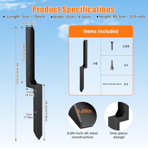6 Pcs Fence Post Repair Kit,4×4/6x6 Fence Post Support,Heavy Duty Post Anchor Ground Spike with One-Piece Steel Anchor & Stakes for Repair Tilted, Broken Wood Fence Post
