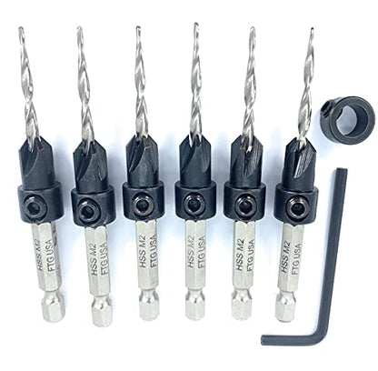 FTG USA 6Pc #6 (9/64") Parabolic Hex Shank Wood Countersink Drill Bit Set - style: #6 (9/64") 6 Pc Hex Shank