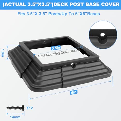 6pcs 4x4(Actual: 3.5"x3.5") Post Base Cover, Split Style Vinyl Post Skirt Black for Iron Stair railings, Balcony railings,Patios, Porches (Black) - color: Black
