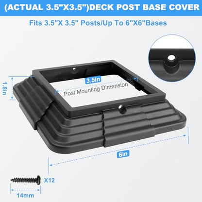 6pcs 4x4(Actual: 3.5"x3.5") Post Base Cover, Split Style Vinyl Post Skirt Black for Iron Stair railings, Balcony railings,Patios, Porches (Black) - color: Black