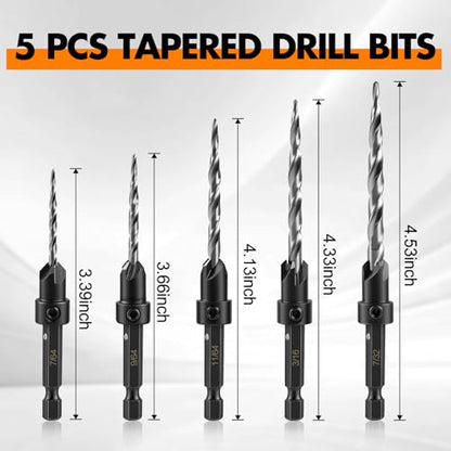 Countersink Drill Bit Set, 5PCS HSS Tapered Drill Bits for Woodworking