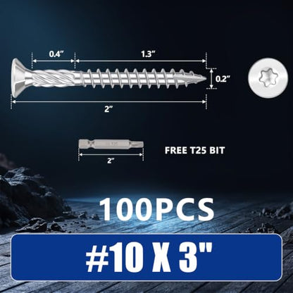#10x3 inch Stainless Steel Deck Screws 100 PCS Wood Screws with T25 Bit - size: #10*3"-100pcs