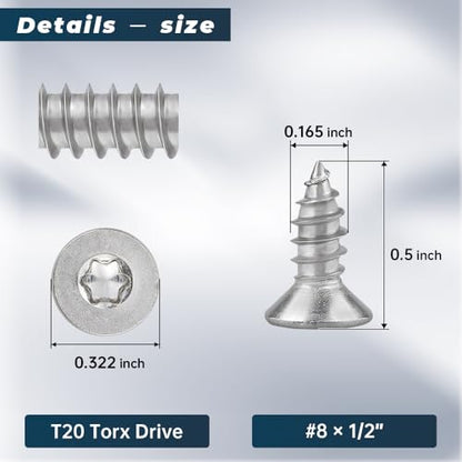 100 Pack #8 x 1/2" Torx Flat Head Self Tapping Wood Screws, 304 Stainless Steel 18/8, Indoor/Outdoor Use, Includes Torx Bit - size: #8 x 1/2