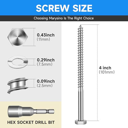 (15-Set) 1/4 x 4 Lag Screws, Stainless Steel Heavy Duty Hex Head Lag Bolts for Wood, Commercial/Industrial Grade 1/4 Bolts, Mounting Screws Bolts Kit, Bright Finish by Marysino - color: Silver, size: 1/4 x 4"
