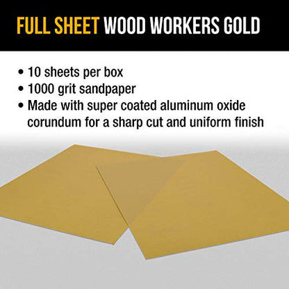 Dura-Gold Premium 9" x 11" Gold Sandpaper Sheets, 1000 Grit (Box of 10) - size: 1000-Grit