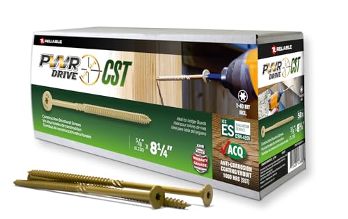 CST Series (50 Pack) 3/8 inch x 8-1/4 inch Structural Wood Screws for Outdoor Decks and General Construction, Rustproof Finish, T-40 Star Bit Included, FTC17GO38814L - size: 3/8 in x 8-1/4 in