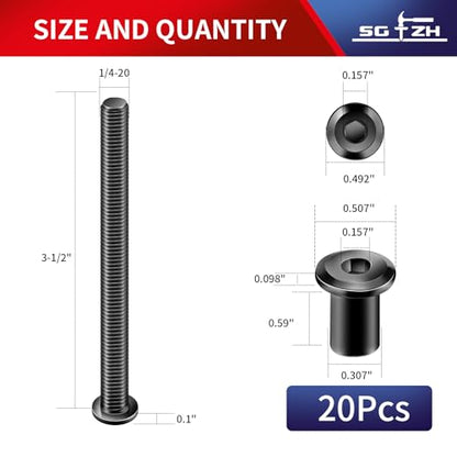 1/4-20 x 3-1/2" 20Pcs Flat Head Hex Socket Cap Screws Bolts Barrel Nuts Kit, 304 Stainless Steel 18-8, Full Thread, Black Oxide by SG TZH (with Hex Spanner) - color: Black, size: 1/4-20 x 3-1/2"
