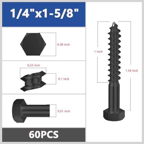Wensilon Lag Screws Wood Screws,(60PCS, 1/4" x1-1/2, Black) Hex Head Lag Bolts,(6x40) Heavy Duty Lag Screws,304 Stainless Steel Bolts 18-8 - color: Black, size: 1/4"x1-1/2"