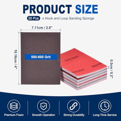 20Pcs 500-600Grit Sanding Sponges, 4x2.8In Hook & Loop Black - size: 500-600 Grit
