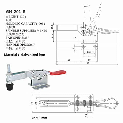 4PCSGH-201-B Hold Down Toggle Clamps Woodworking Latch Antislip Red Hand Tool Holding Capacity Antislip Horizontal Heavy Duty Toggle Clamp 201B 198lbs Quick Release Tool - style: Standard GH-201-B Toggle clamp