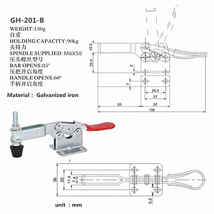 4PCSGH-201-B Hold Down Toggle Clamps Woodworking Latch Antislip Red Hand Tool Holding Capacity Antislip Horizontal Heavy Duty Toggle Clamp 201B 198lbs Quick Release Tool - style: Standard GH-201-B Toggle clamp