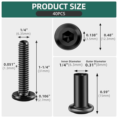 40Pcs 1/4-20 x 1-1/4" Flat Socket Head Cap Screws Bolts Barrel Nuts Kit, 304 Stainless Steel 18-8 Furniture Bolts Screws and Nuts, Black Oxided - size: 1/4 x 1-1/4"