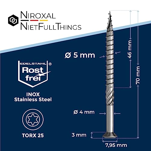 #10-2-3/4" | Deck Screws 5x70 Stainless Steel A4 Exterior Rust Resistant Screw 5mm Strong 25 Piece Wood Screws Torx 70mm Long Wood Srew - size: 70 mm ≈ 2.76 in